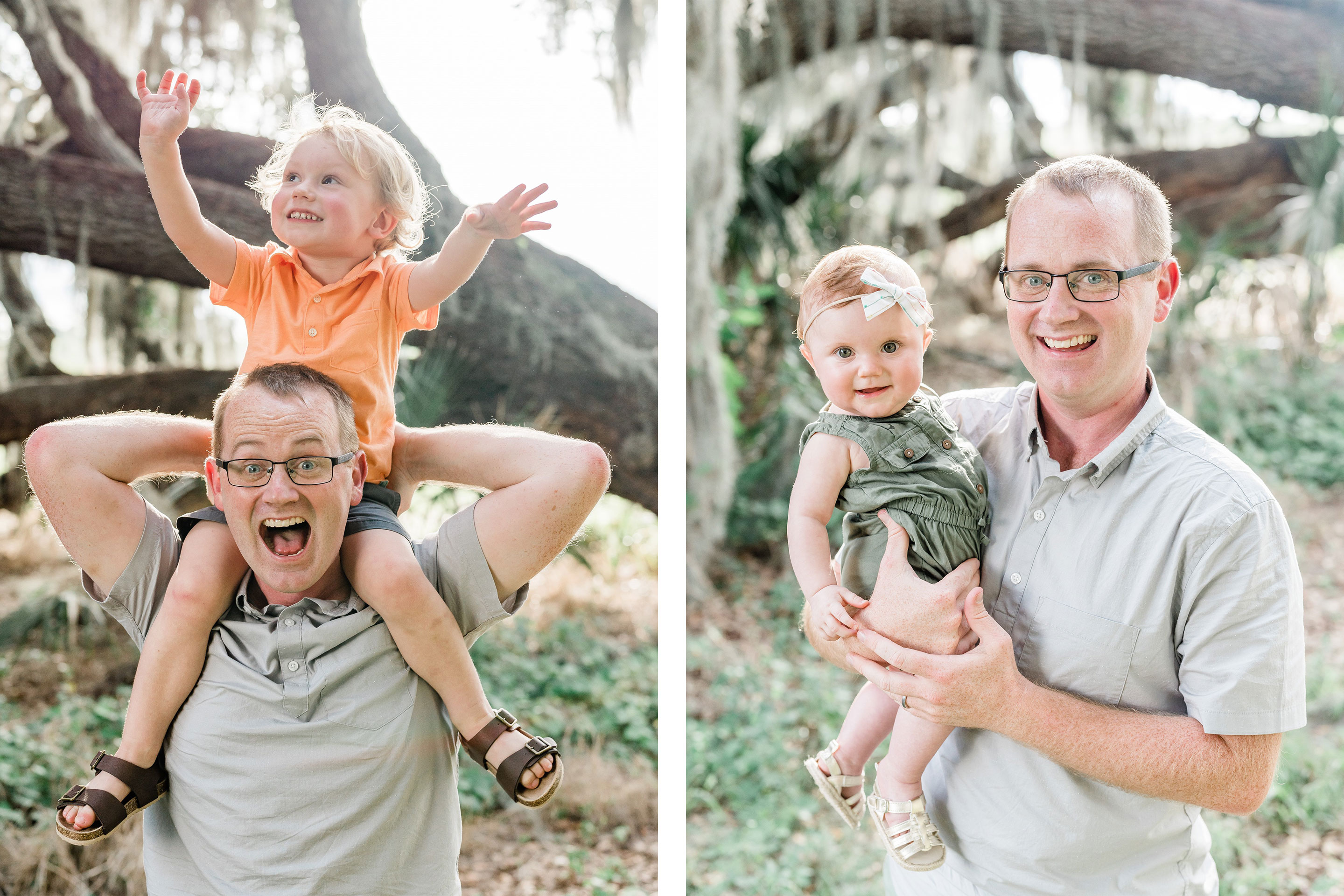 Author, Steven Amos, holds his son (left) and daughter (right) in front of a mossy tree outdoors.