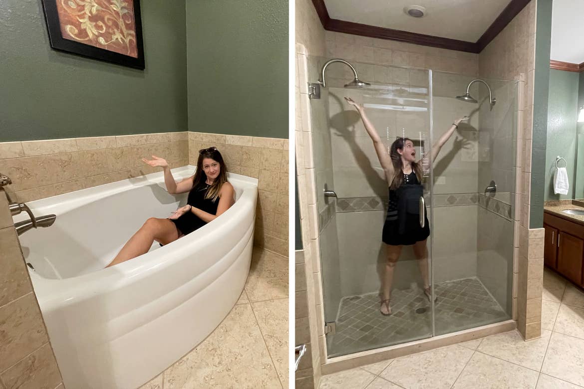 Left: A woman in black apparel sits in a large, white jacuzzi tub. Right: A woman in black stands in a walk-in shower with two large showerheads.