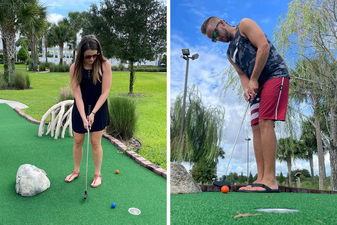 Left: A woman in black holds a mini golf putter on an outdoor course. Right: A man in patriotic swim trunks and a camo tank holds a mini golf putter on an outdoor course.