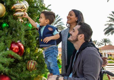 Author, Danny Pitaluga (right) sits in his black wheelchair wearing a charcoal hoodie as his wife, Val (middle), and his son, Joey (left), stands on Danny's lap to decorate a Christmas tree outdoors.