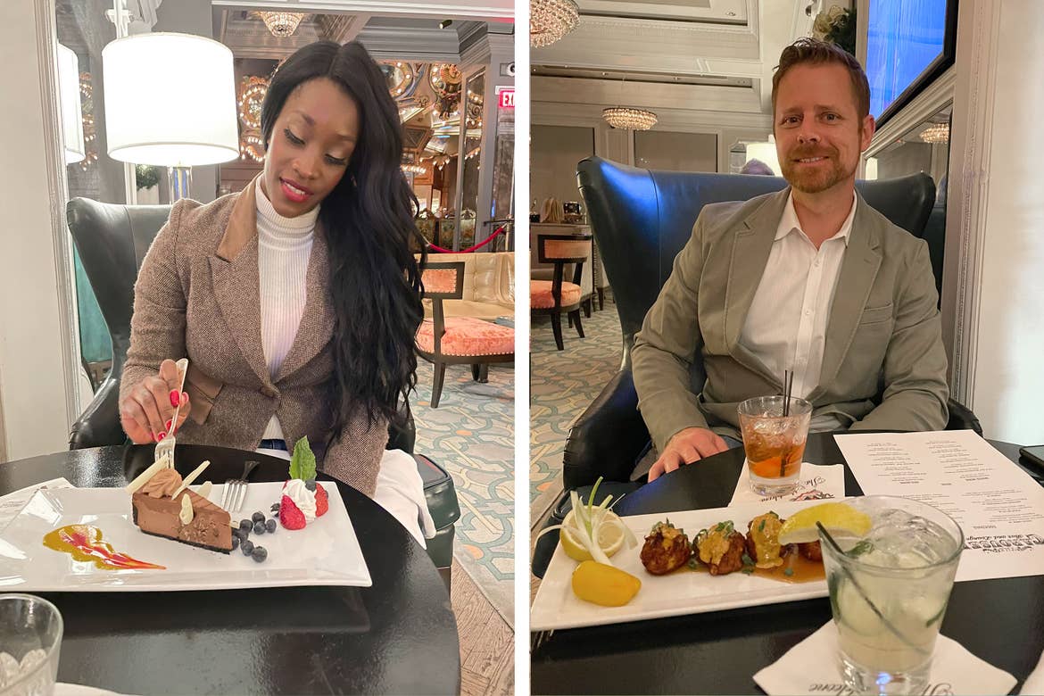 Left: Featured Contributor, Sally Butan of @butanclan wears a tweed blazer while eating a cake indoors. Right: Sally's husband, Kevin, wears a beige blazer while an alcoholic beverage and appetizers sit on the table in front of him.