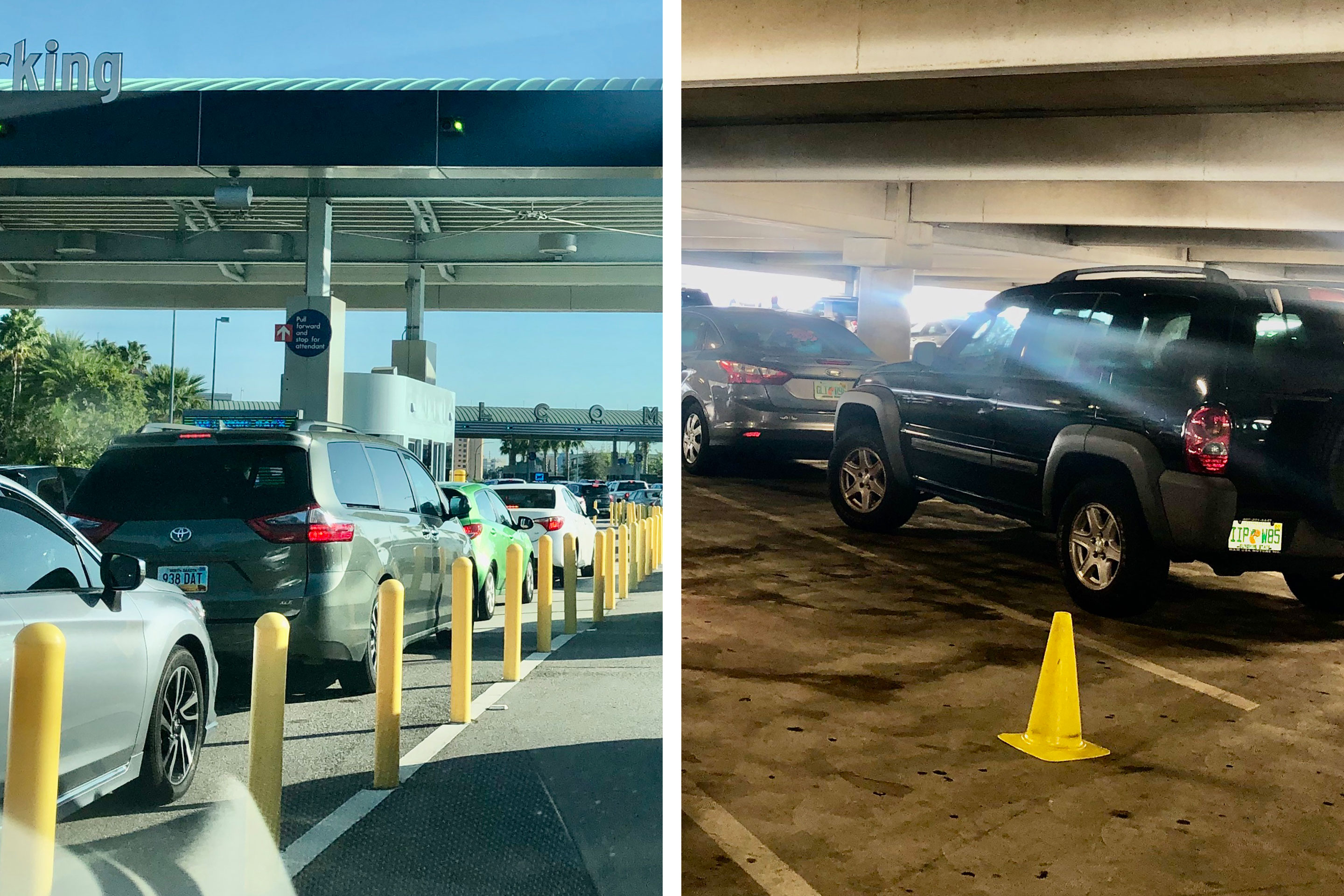 Left: Cars line up at the entrance gate for Universal Orlando's parking garage. Right: Cars are parked in every other parking space with cones to enforce social distance.