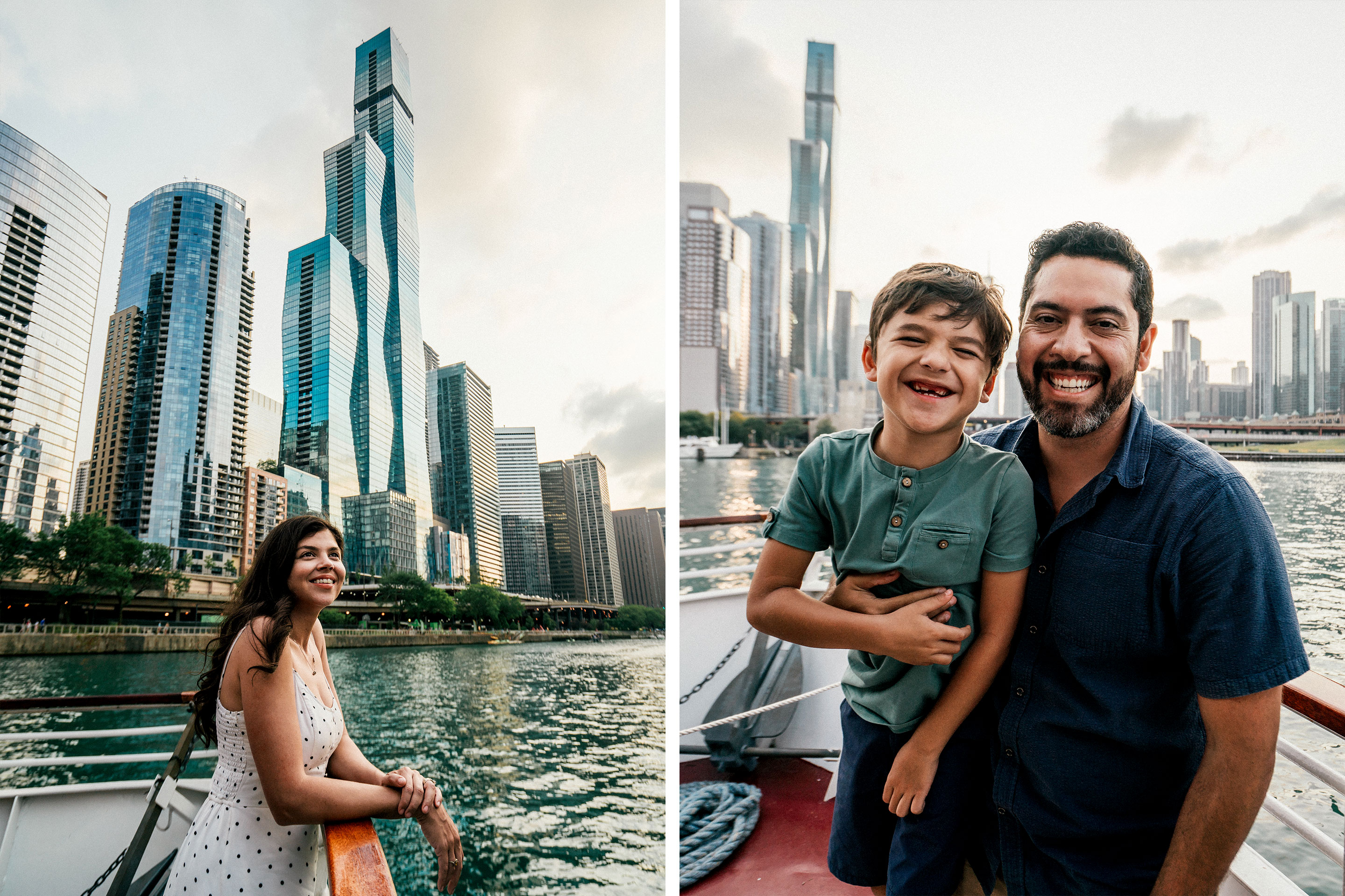 Left: A woman stands on the deck of a boat near skyscrapers. Right: A man (right) and young boy (left) stand on the deck of a boat near skyscrapers.