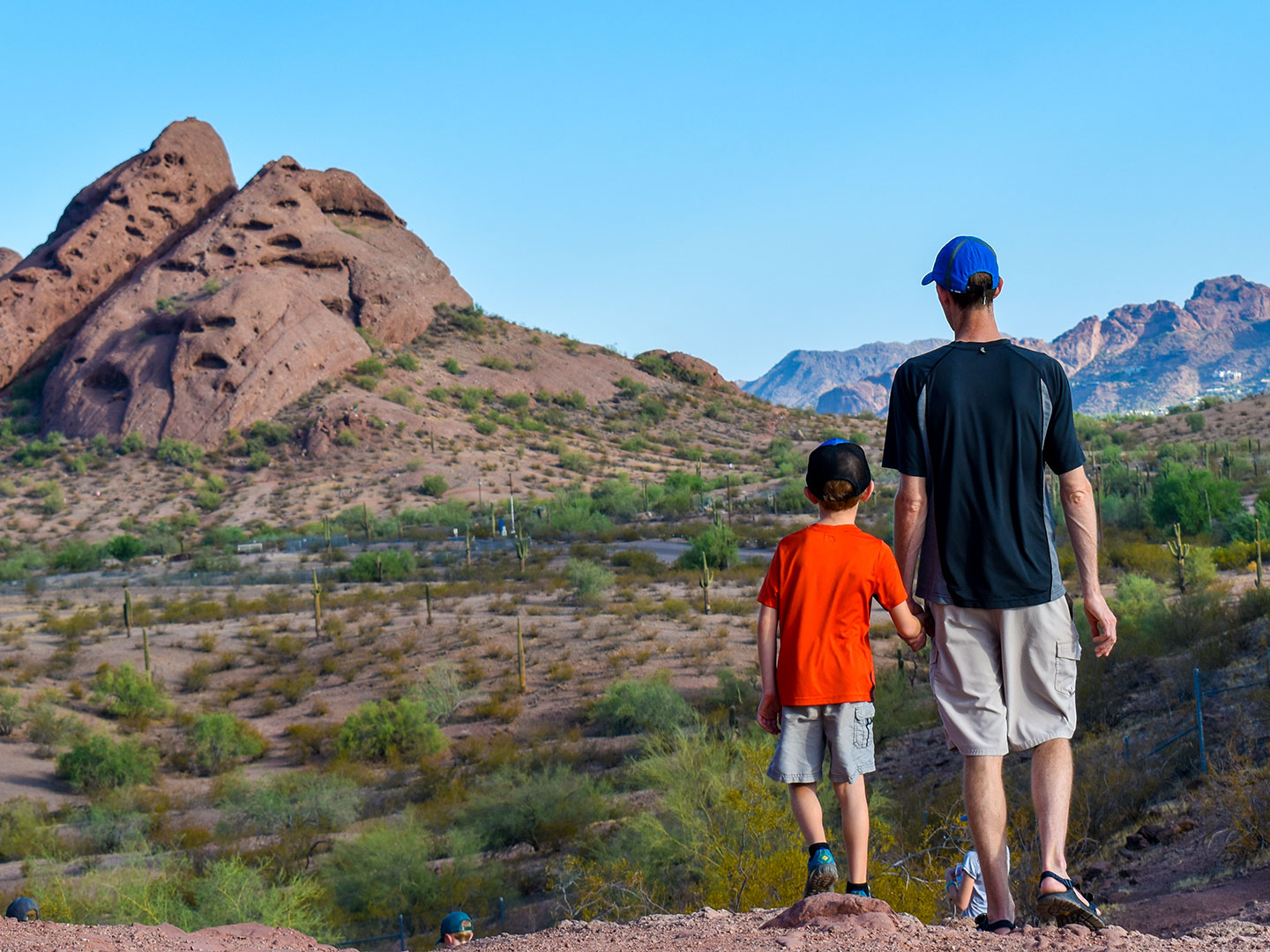 Jessica Averett's husband (right) and son (right) stand looking out at the McDowell Sonoran Preserve in Scottsdale, Arizona.