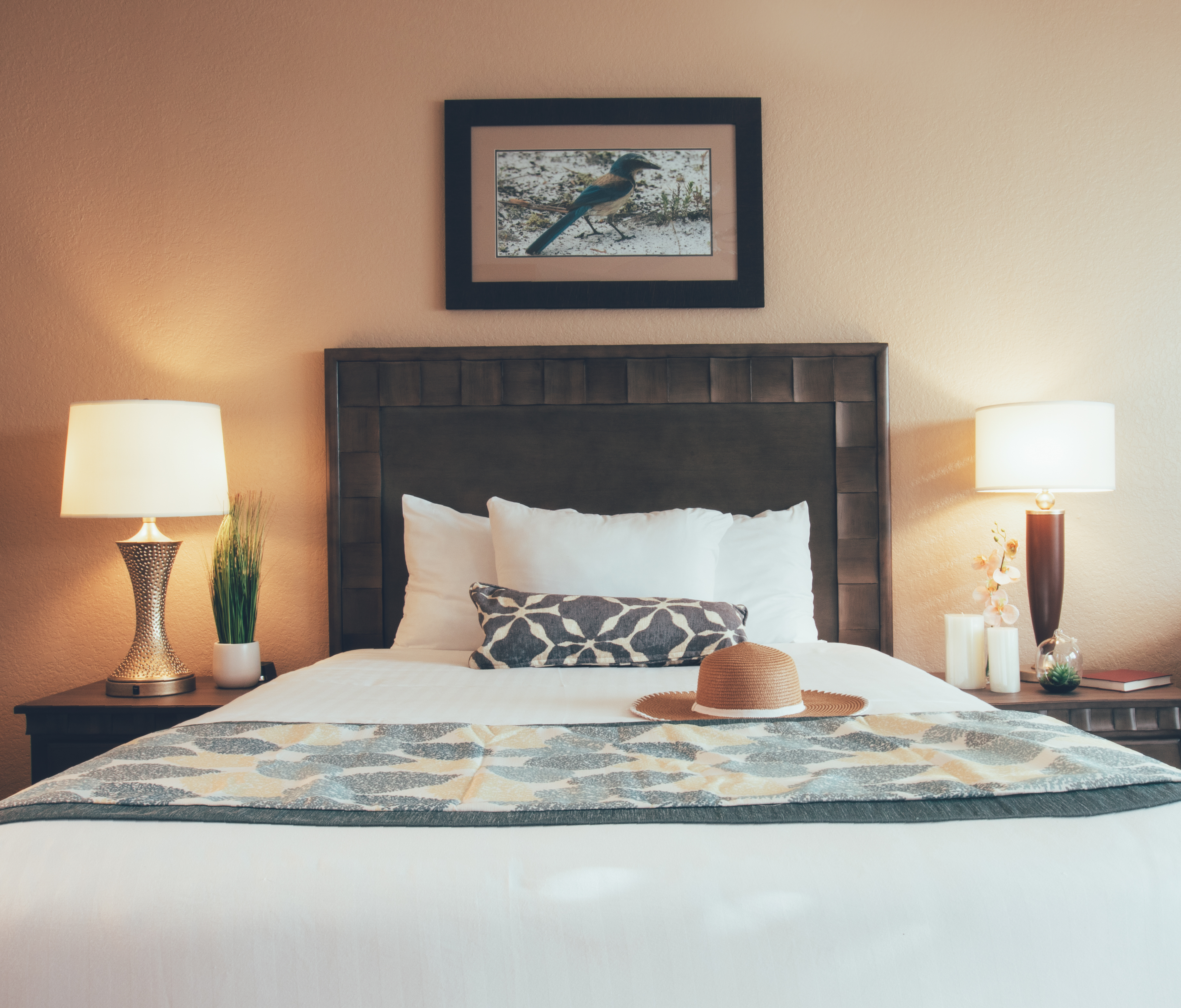 Bed with two night stands in a three bedroom villa in West Village at Orange Lake Resort near Orlando, FL