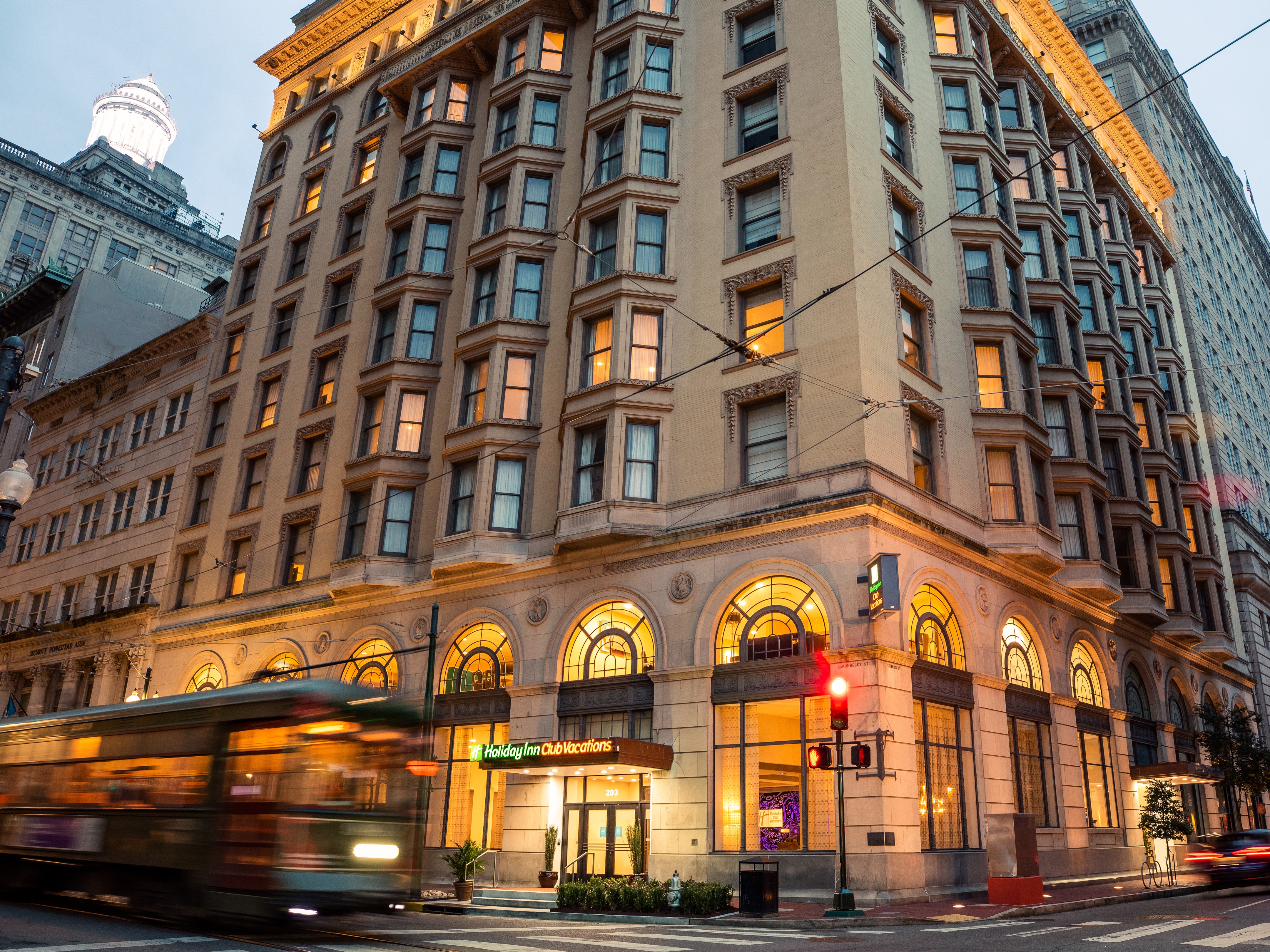 Exterior image of our New Orleans resort in the twilight hour.