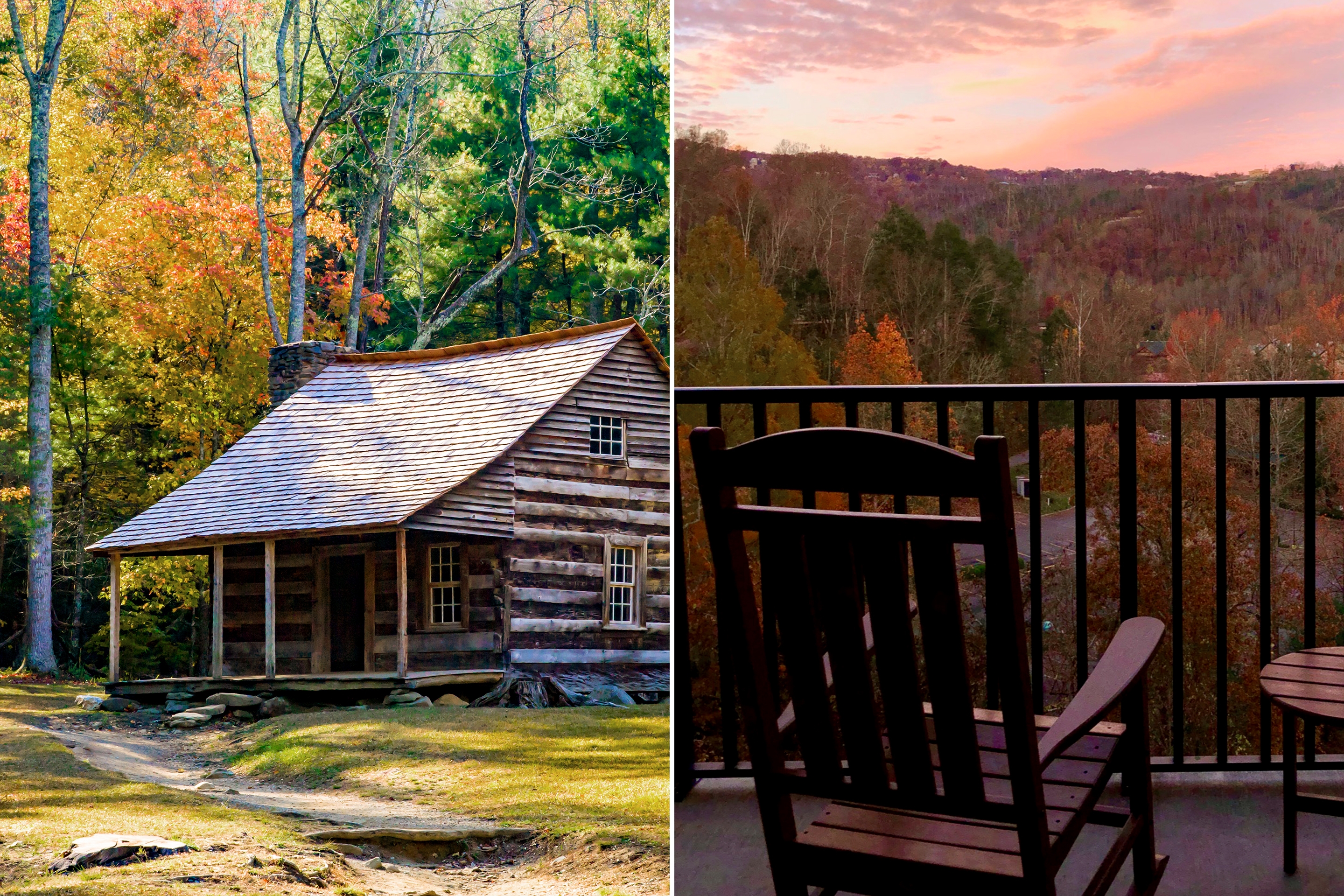 Cades Cove and view of the fall foliage from the balcony at our Smoky Mountain Resort