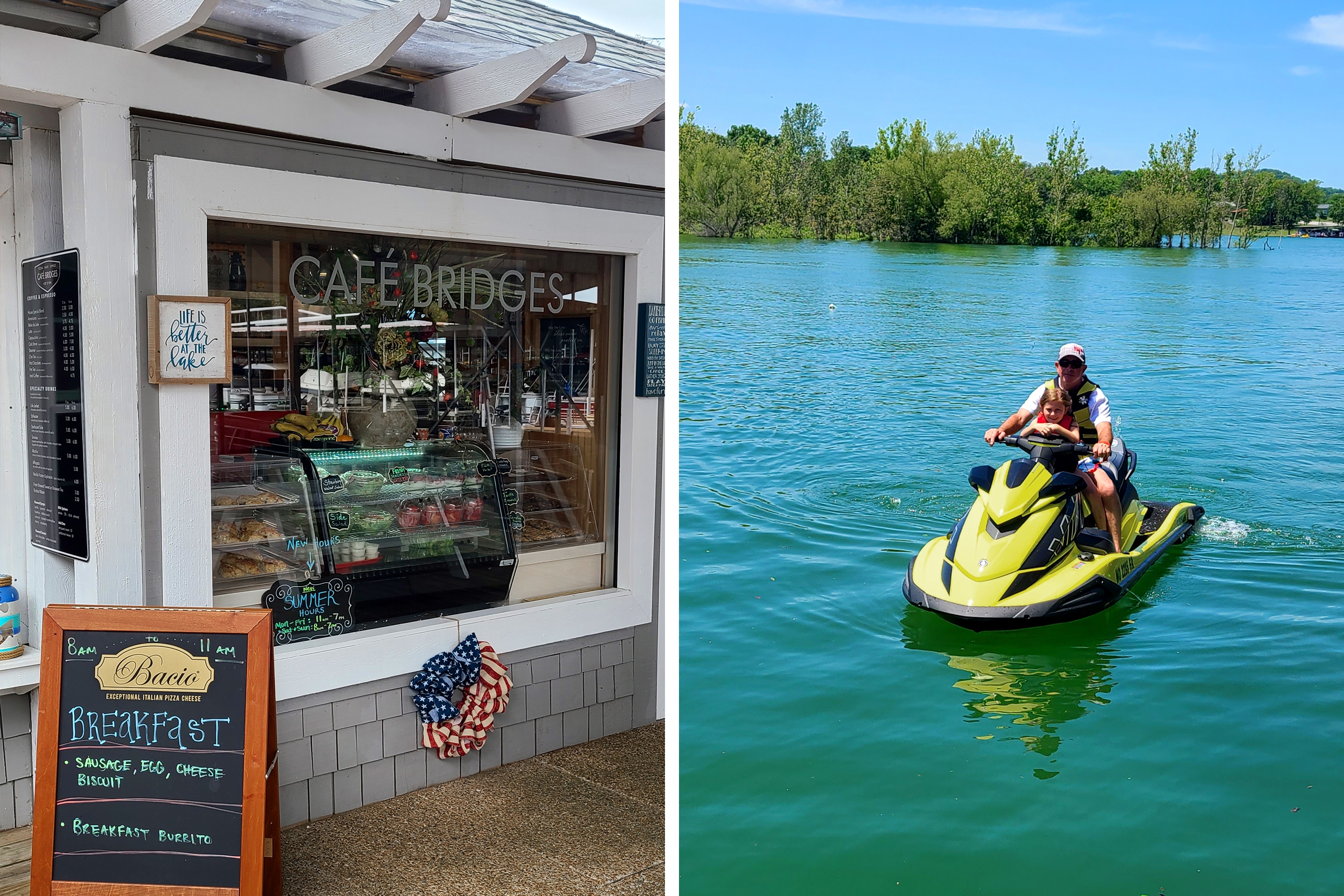 Left: The exterior of a cafe with window signage that reads, 'Cafe Bridges' and various signage of offerings. Right: A caucasian male and a caucasian female tween sit on a yellow wave-runner wearing red lifejackets.