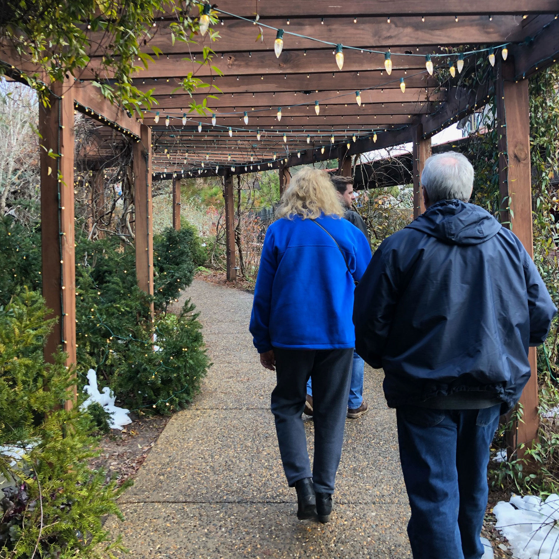 Author, Jenn C. Harmon's mother (left) and father (right) walk under the trellis of the gardens at the Biltmore Estate property.v