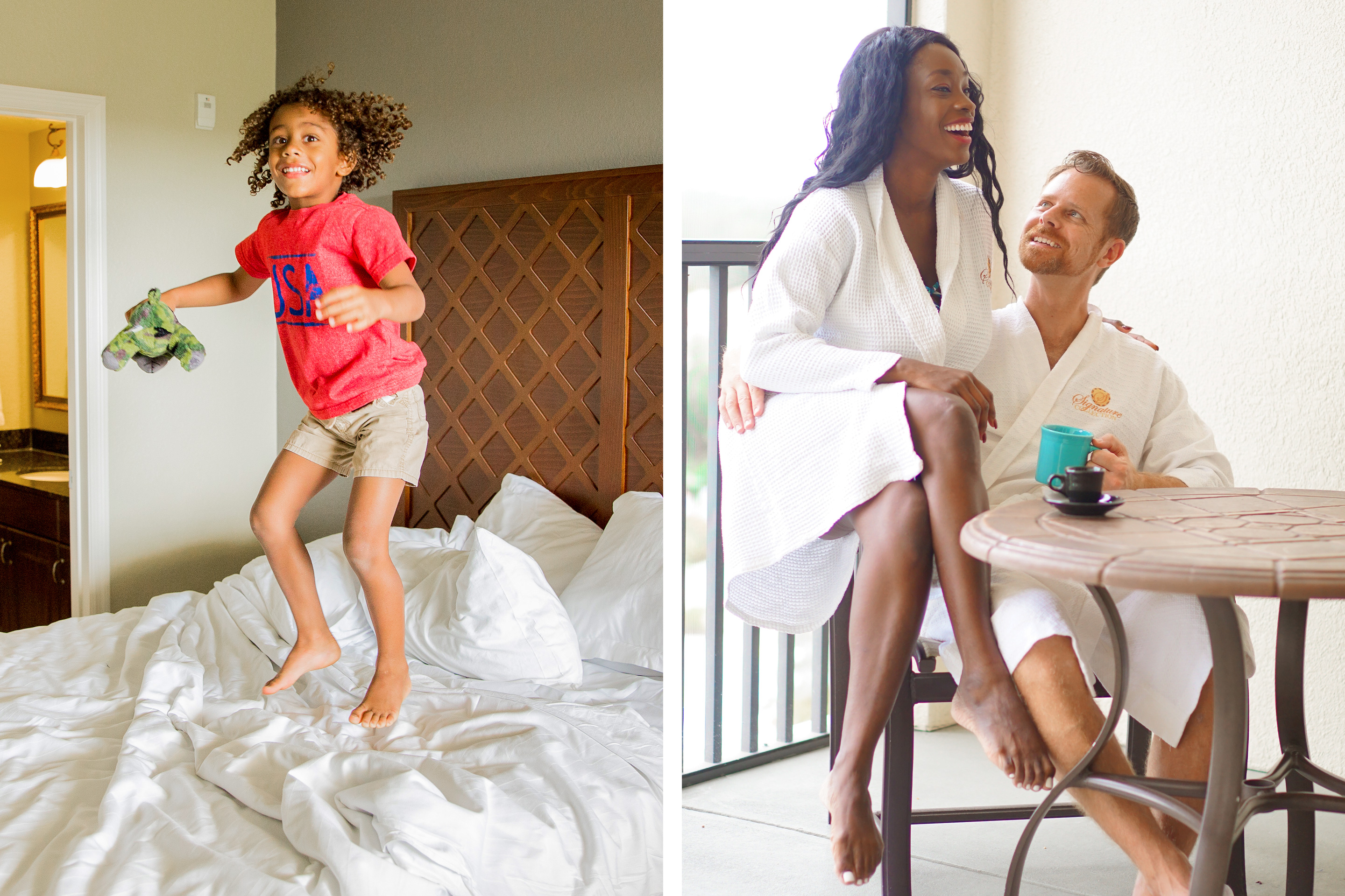 Left: Featured Contributor, Sally Butan's son jumps on the bed in our signature Collection villa at Orange Lake Resort near Orlando, Florida. Right: Sally and her husband wear white robes on the patio of our villa.