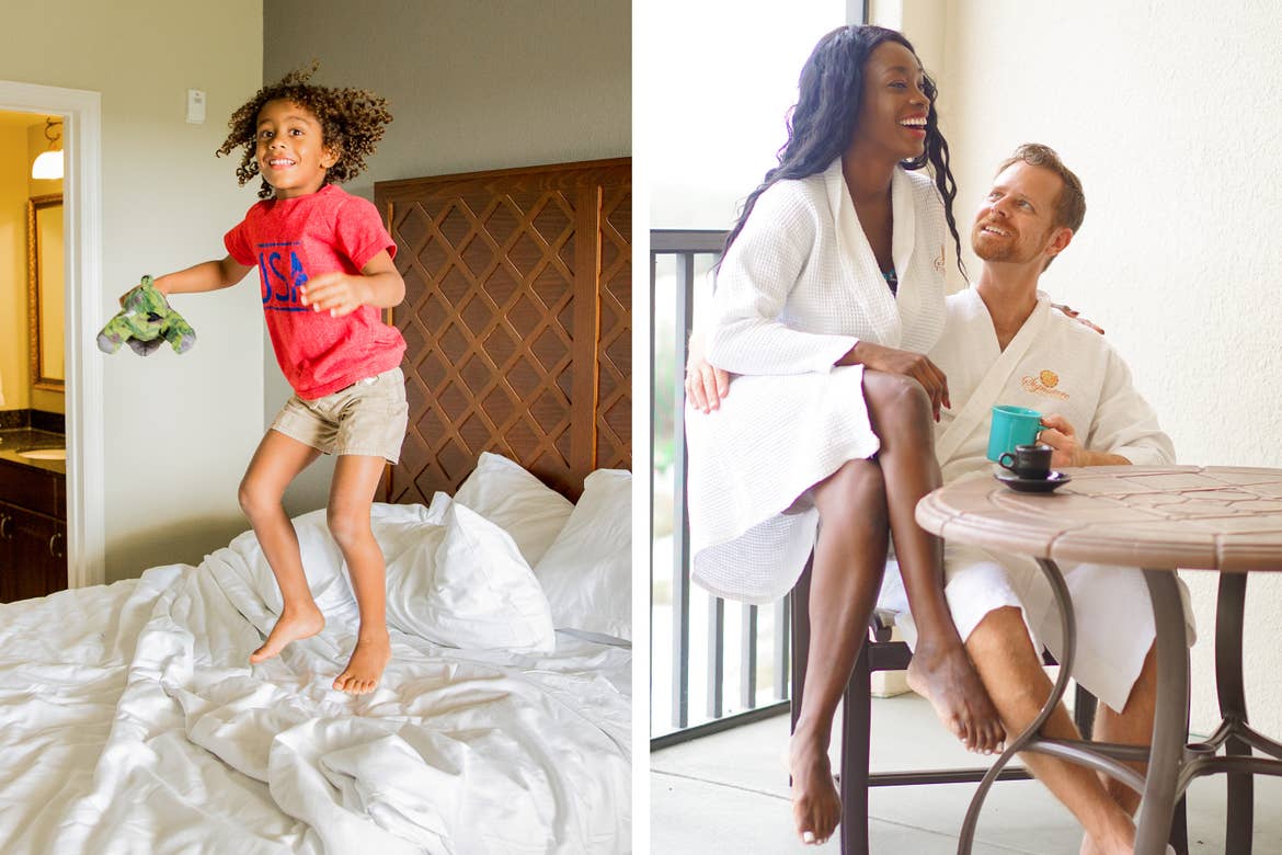 Left: Featured Contributor, Sally Butan's son jumps on the bed in our signature Collection villa at Orange Lake Resort near Orlando, Florida. Right: Sally and her husband wear white robes on the patio of our villa.
