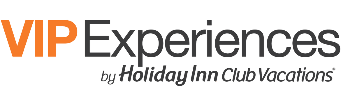 An orange and charcoal logo lockup that reads, 'VIP Experiences by Holiday Inn Club Vacations'