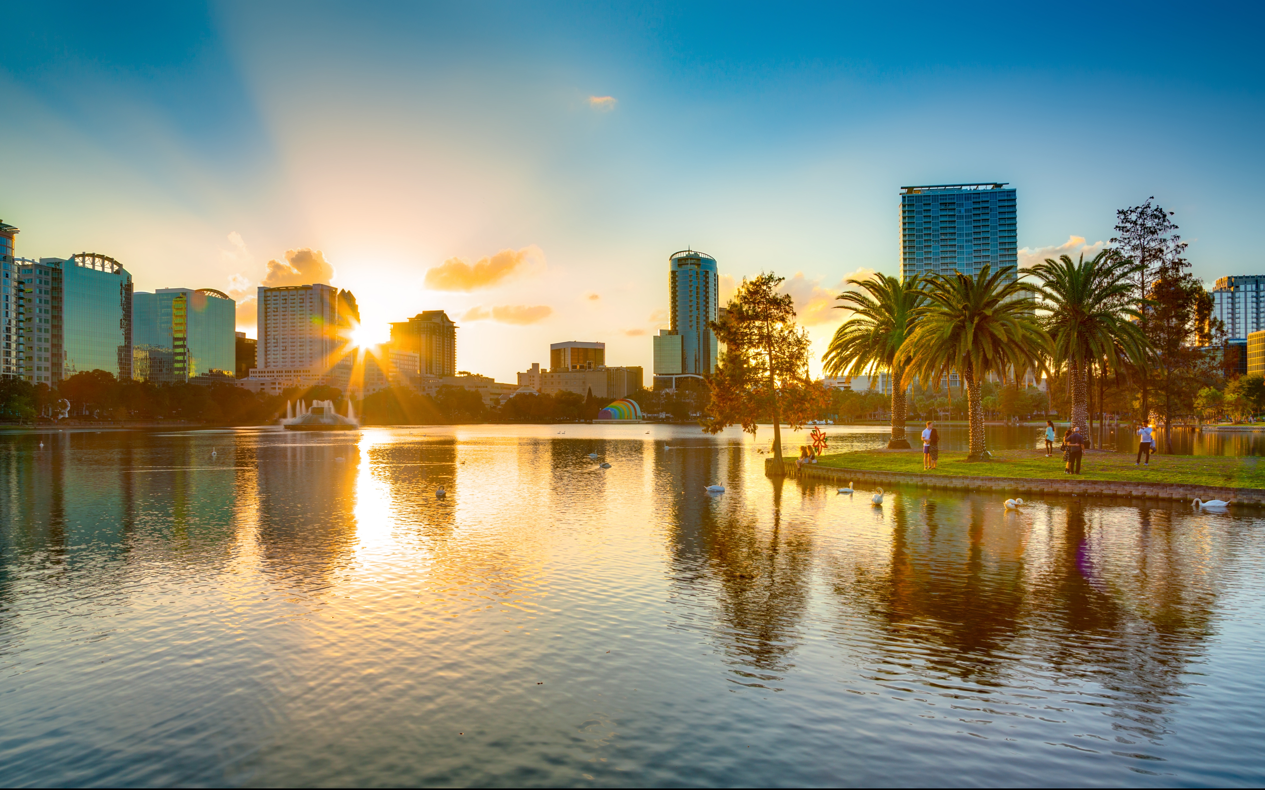 Skyline of Orlando, Florida at sunset near Orlando Breeze Resort.