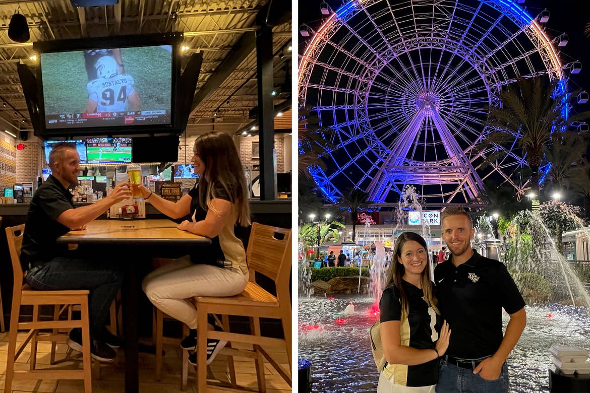 Left: A man and woman in sports apparel share a toast with beers at a bar. Right: A man and woman in sports apparel stand in front of an illuminated Ferris wheel at night.