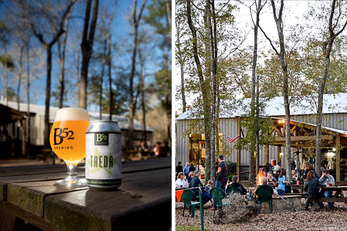 Left Image: A glass of beer is placed next to a can reading 'B52 Brewing'. Right Image: An outdoor dining setup full of people surrounded by trees.