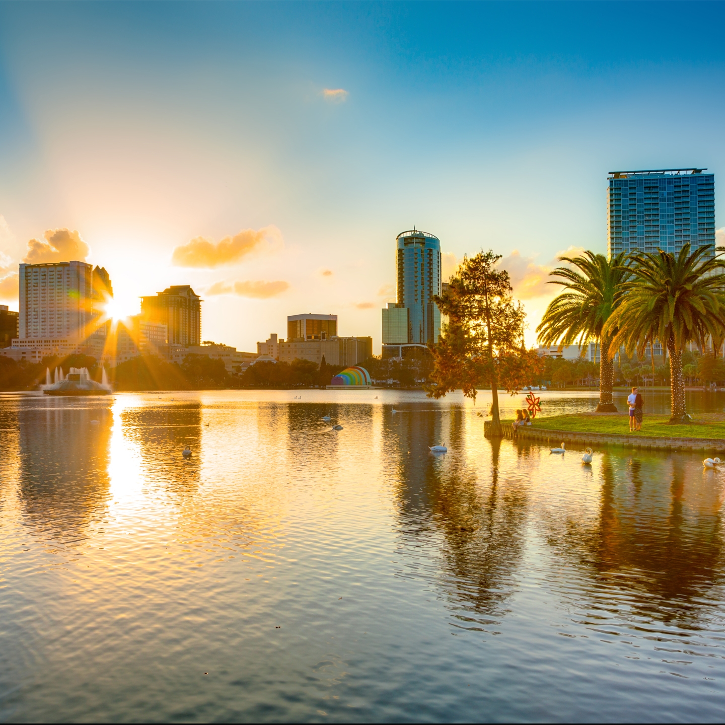 Skyline of Orlando, Florida at sunset near Orlando Breeze Resort.