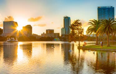 Skyline of Orlando, Florida at sunset near Orlando Breeze Resort.