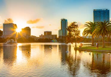 Skyline of Orlando, Florida at sunset near Orlando Breeze Resort.