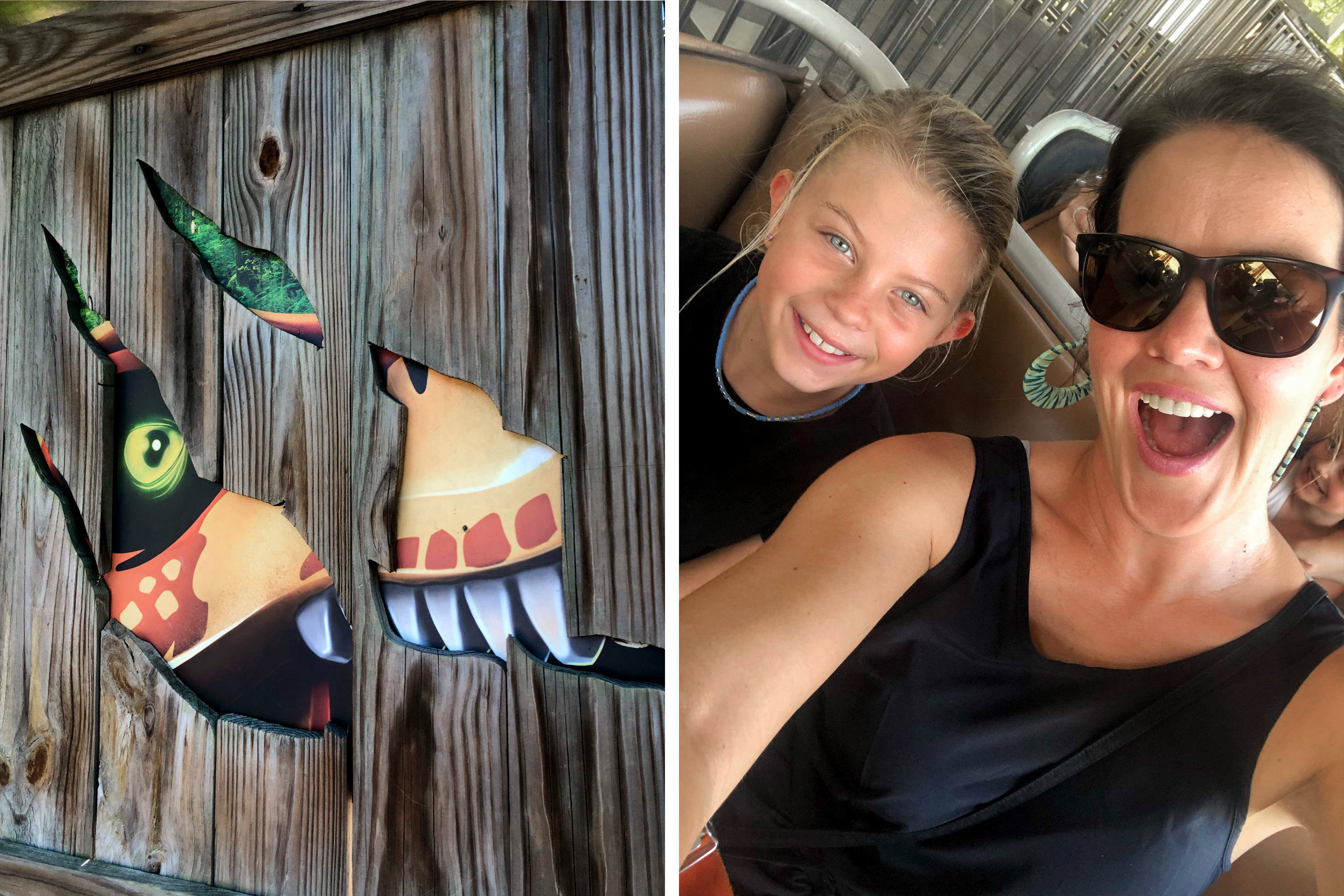 Left: A Dinosaur face peeks through a wood crate. Right: A young girl and woman sit on a ride vehicle.