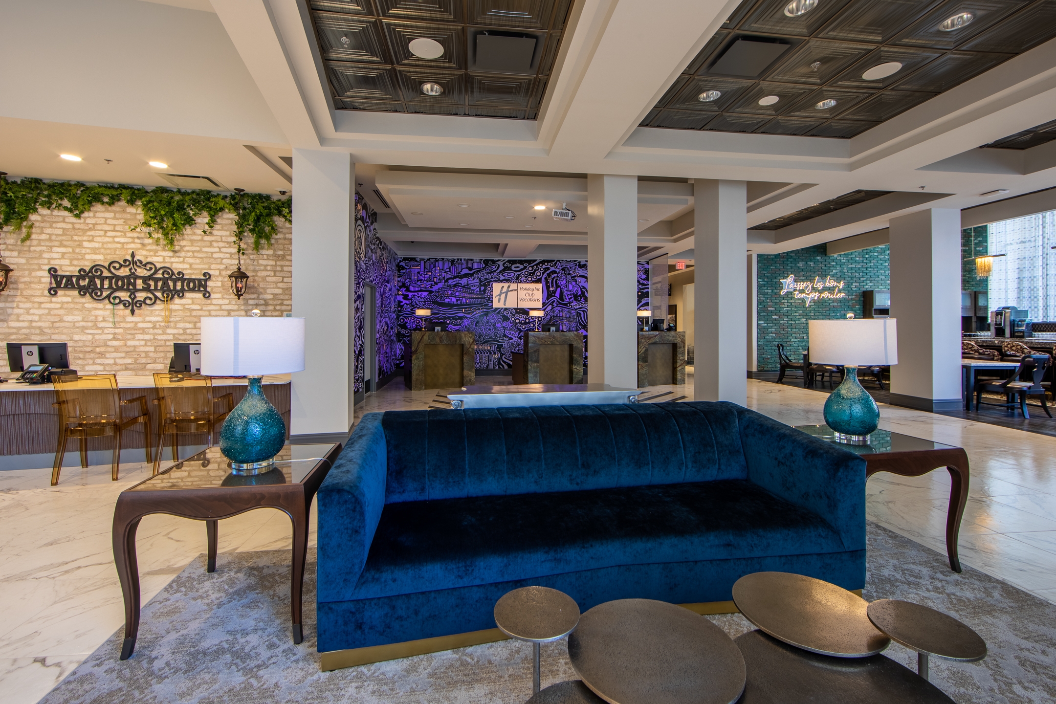 Navy blue couch in lobby of New Orleans Resort in Louisiana.