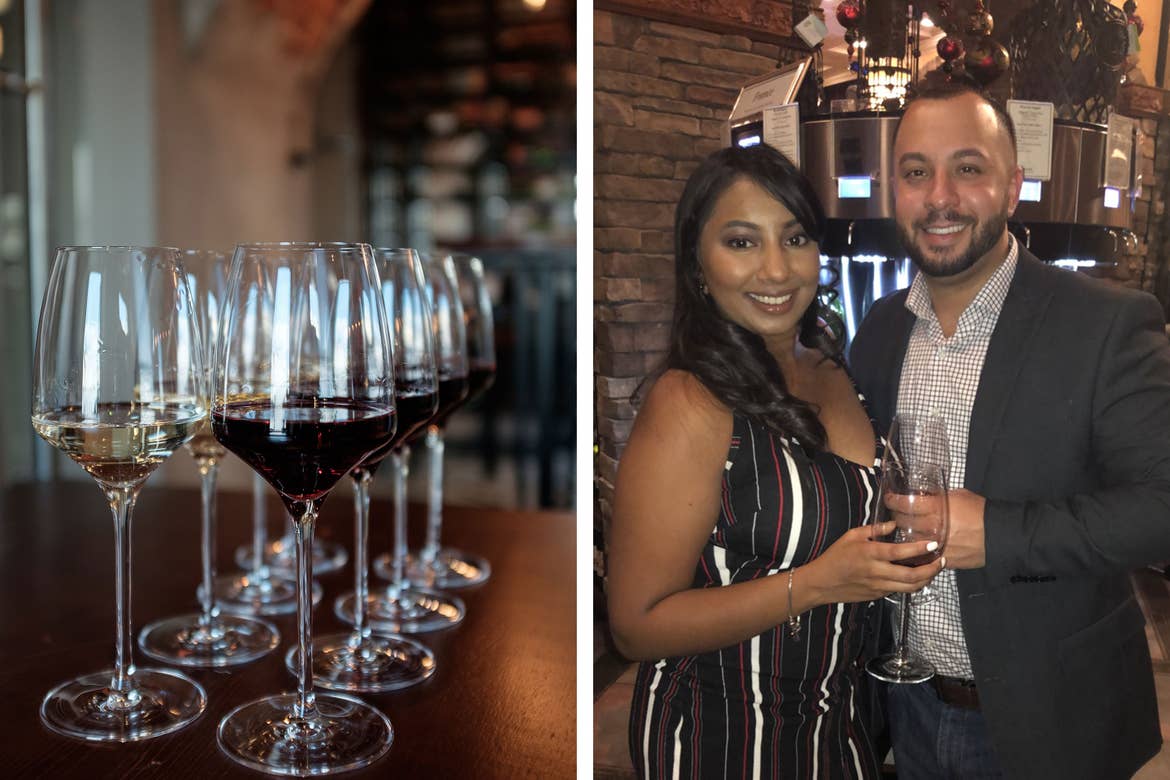 Left: A wine flight of reds and whites on a counter. Right: Featured contributor, Alex Cruz (right) stands with his wife while drinking wine indoors.