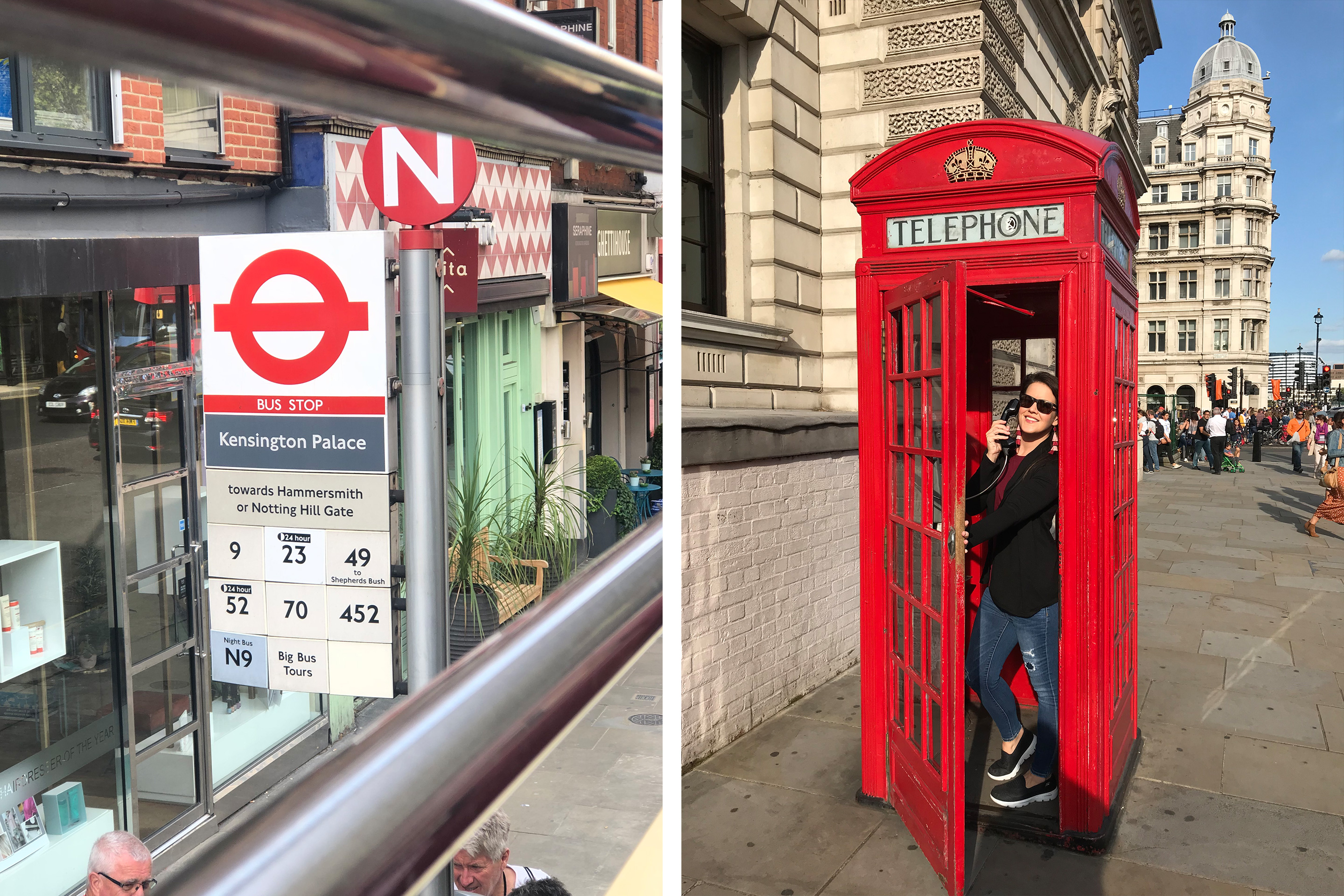 Left: A London bus stop sign with detailed information regarding routes. Right: Jenn C. Harmon stands in a red telephone booth surrounded by historical architecture in London.
