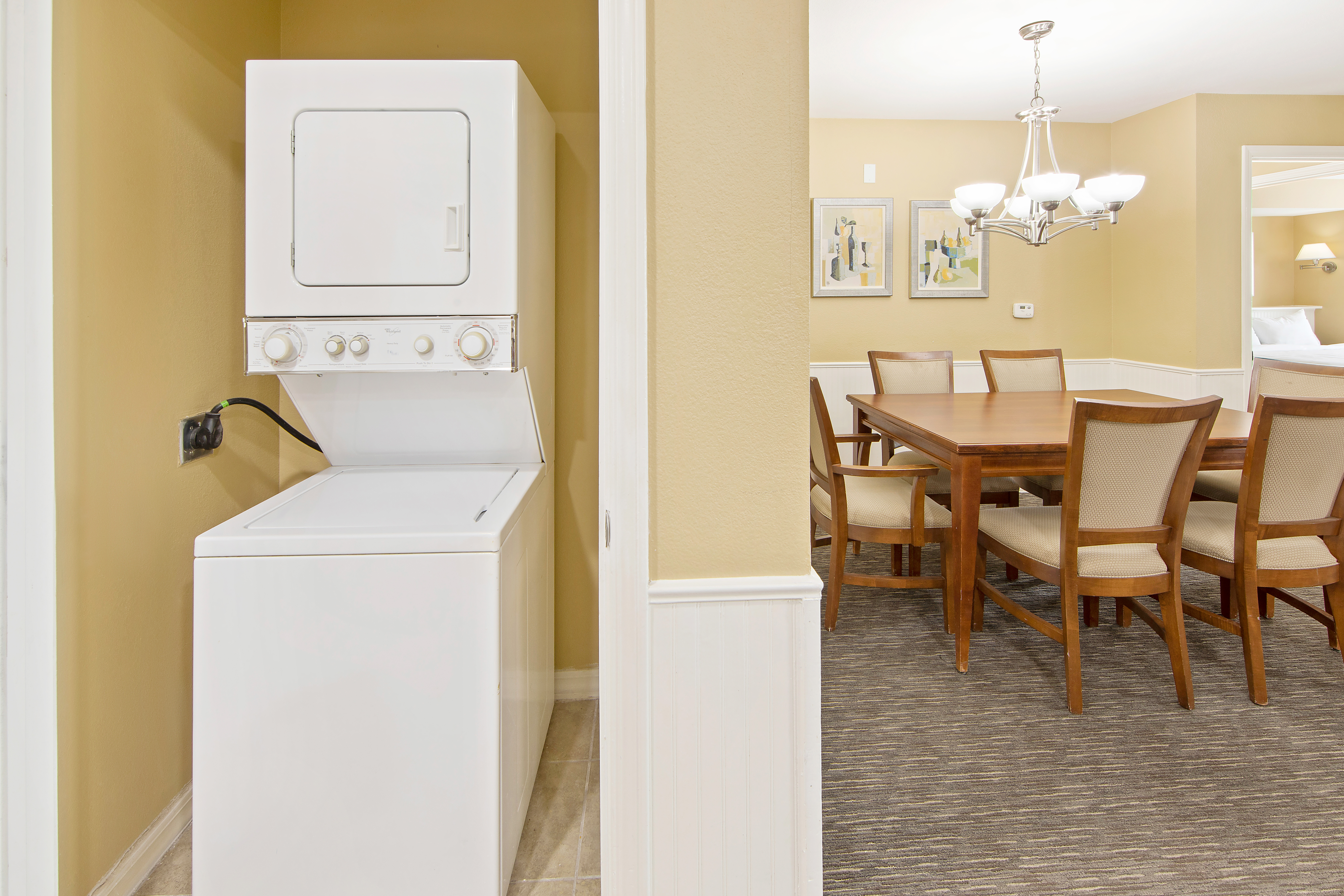 Washer/dryer combo in a three-bedroom ambassador villa at the Hill Country Resort in Canyon Lake, Texas.