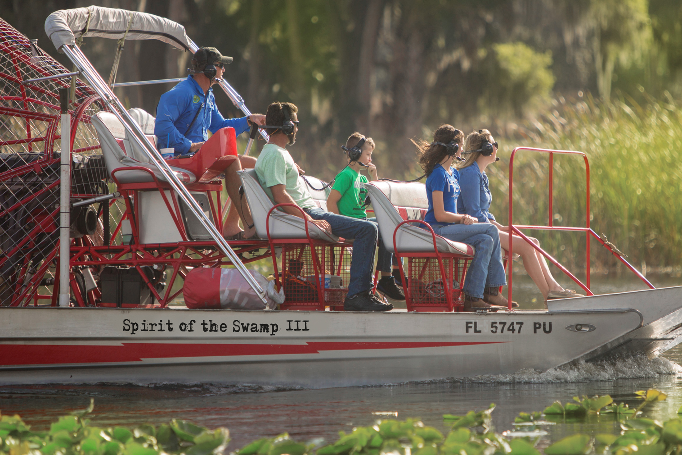 An airboat tour guide speaks with the guests onboard. Photo courtesy of Spirit of the Swamp