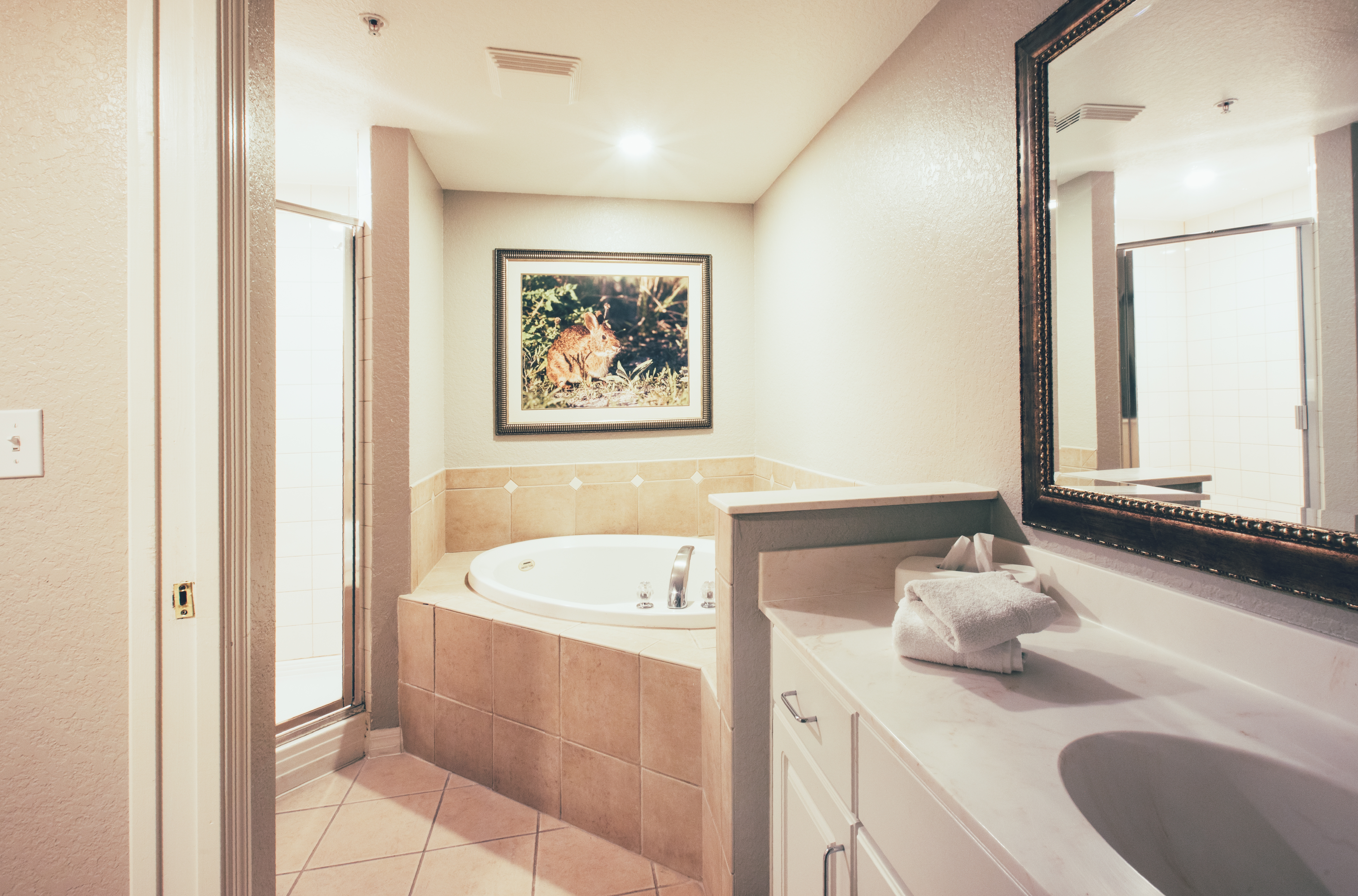 Bathroom with soaking tub in a villa in River Island at Orange Lake Resort near Orlando, Florida