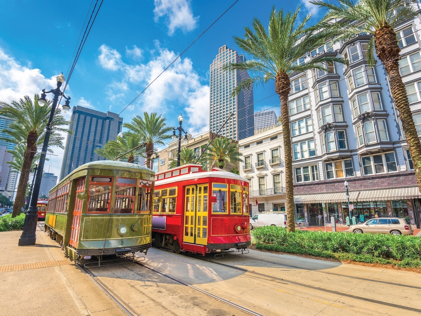 Two New Orleans streetcars in the city.