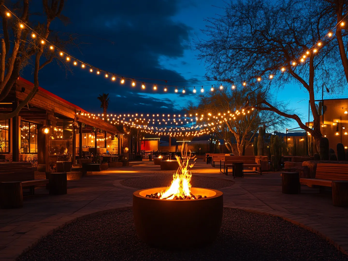 A night scene of Scottsdale with string lights Scottsdale AZ resort