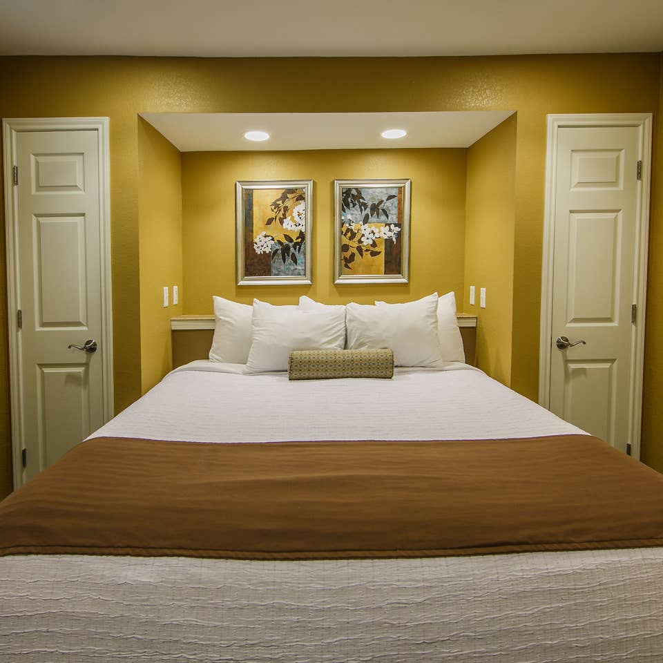 Bedroom in a two-bedroom ambassador villa at the Hill Country Resort in Canyon Lake, Texas.