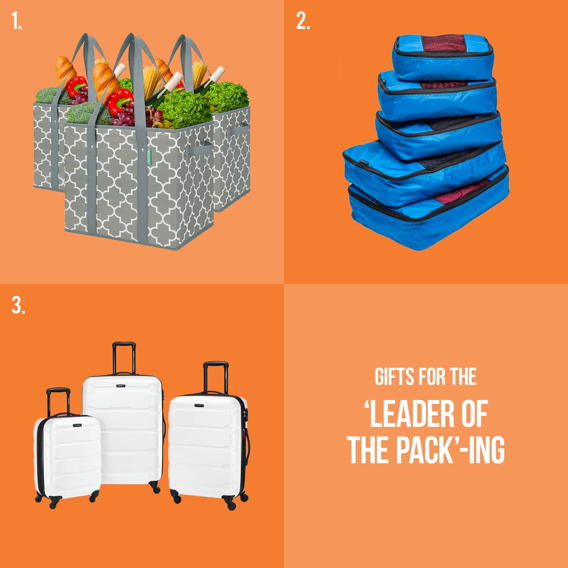 Reusable grocery bags, blue packing cubes, and a set of white luggage image are placed on top of an orange graphic that reads, 'Gifts for the "Leader-Of-the-Pack"-ing.'
