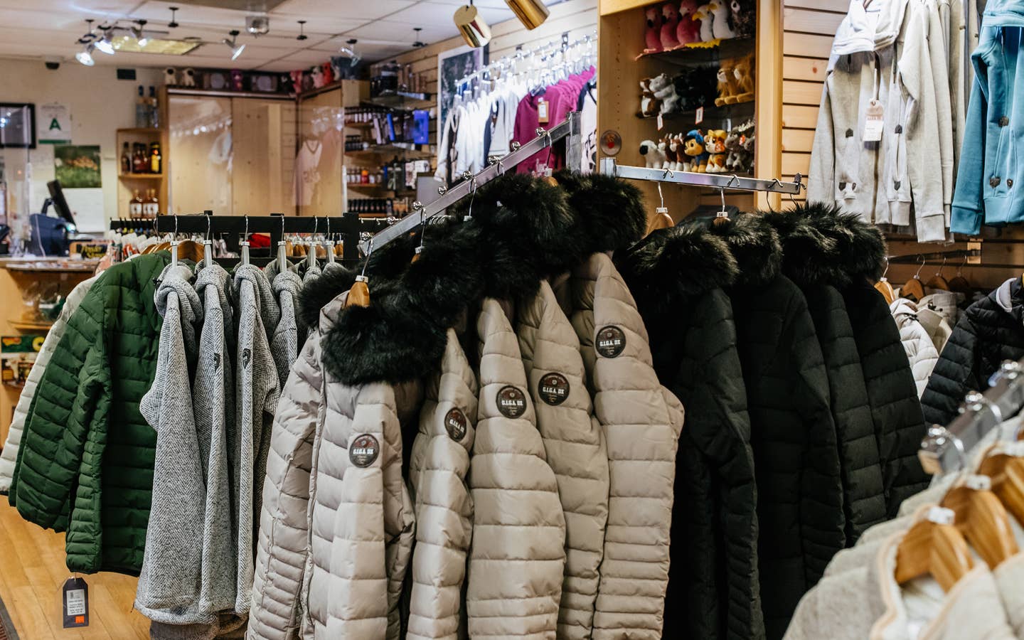 Rack of winter coats at the Marketplace at Tahoe Ridge Resort in Stateline, Nevada.