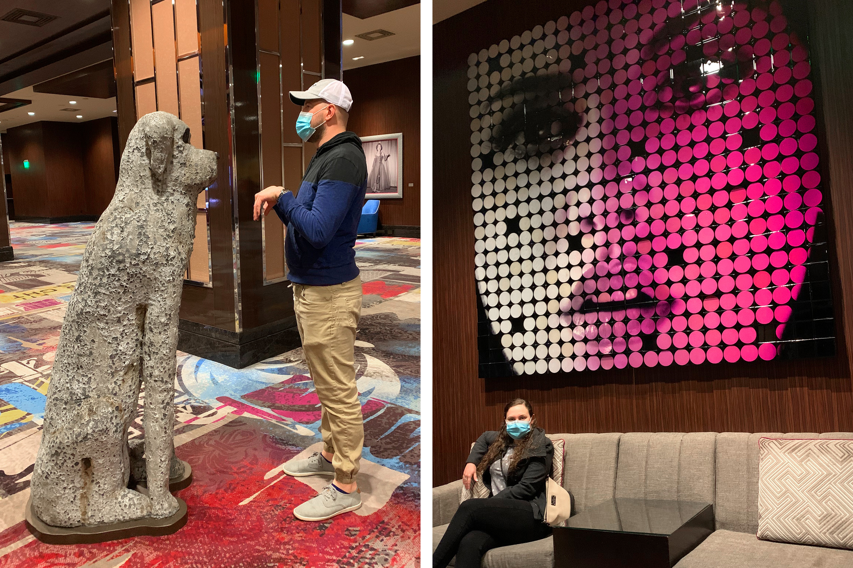 Left: Featured Contributor, Ashley Fraboni's fiancé, Nicholas, poses in front of a dog statue at the Cosmopolitan of Las Vegas. Right: Ashley sits under a pop-art mural at the Cosmopolitan of Las Vegas.