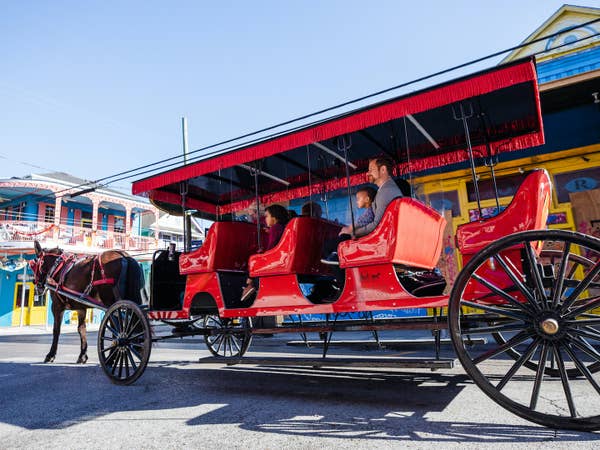 Family riding horse-drawn carriage in New Orleans.