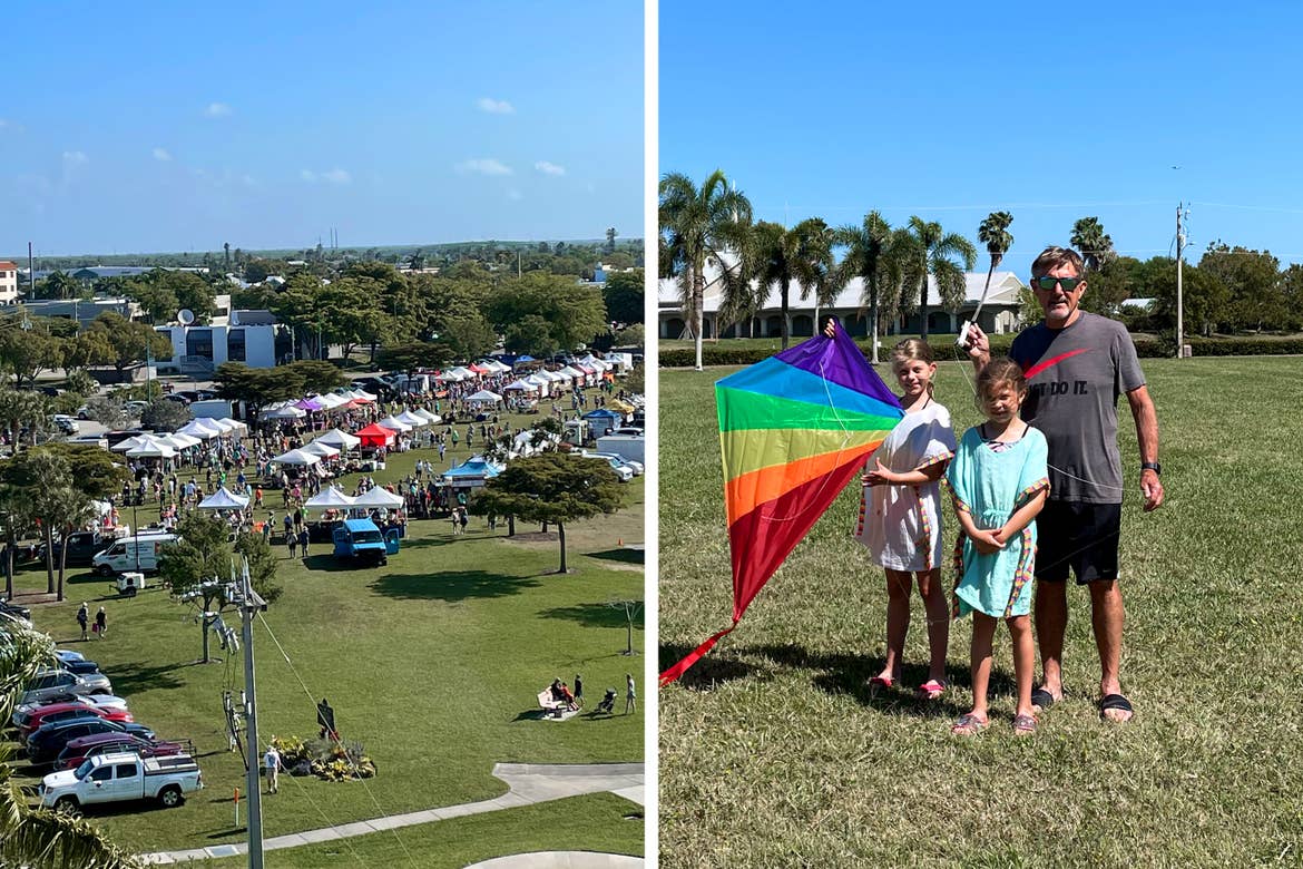 Left: Several pop-up tents placed for a Farmer's Market under a blue sky. Right: Two caucasian girls hold a kite next to a caucasian male in a green open field.