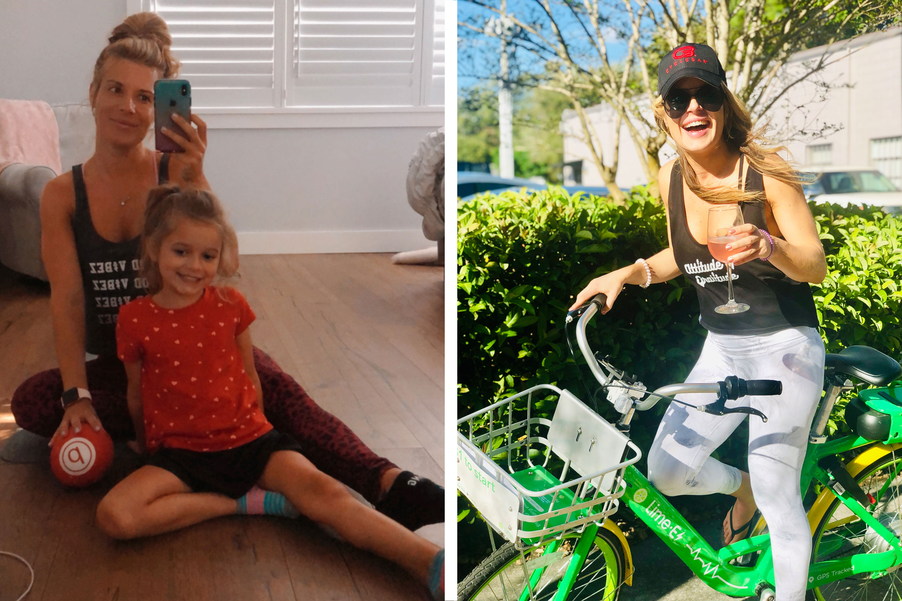 Left: Co-author, Jessica (left), wears a black tank while posing with her daughter (right) on the floor of their house. Right: Co-author, Jessica, wears a black tank while posing with a drink on a green bicycle.