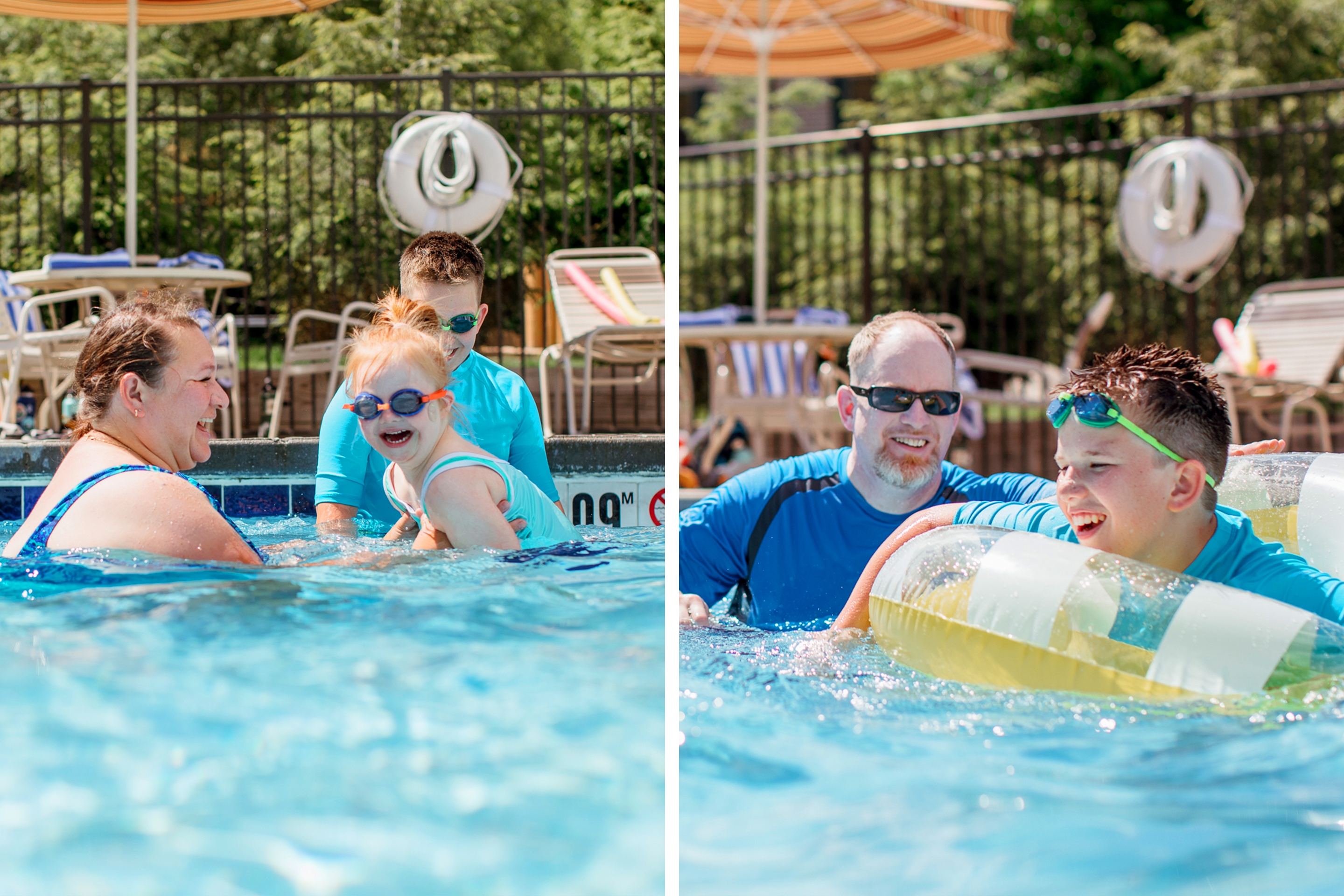 Left:  A caucasian woman in a blue swimsuit (left) holds a young girl (middle) in a blue swimsuit and goggles near a tween boy (back) in a blue swim shirt and goggles stands near the edge of the pool. Right: A caucasian man (left) in sunglasses and a blue swim shirt near a caucasian tween boy (front) in goggles and an inner tube.