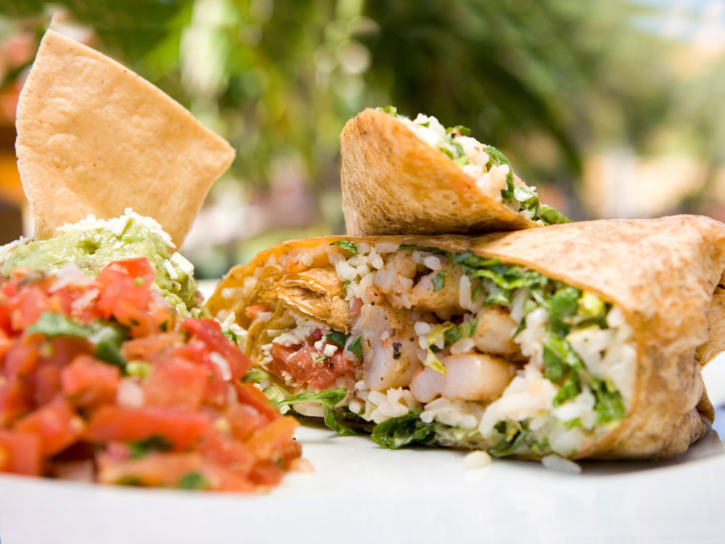 The Luna Grill's, wheat burrito, cut in half with shrimp, lettuce, tomatoes, spices and rice at the Royal Haciendas, Playa del Carmen, Mexico