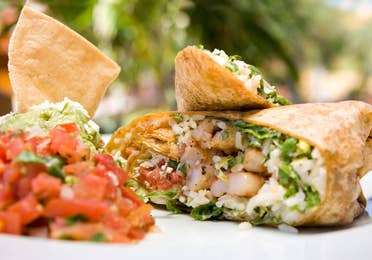 The Luna Grill's, wheat burrito, cut in half with shrimp, lettuce, tomatoes, spices and rice at the Royal Haciendas, Playa del Carmen, Mexico