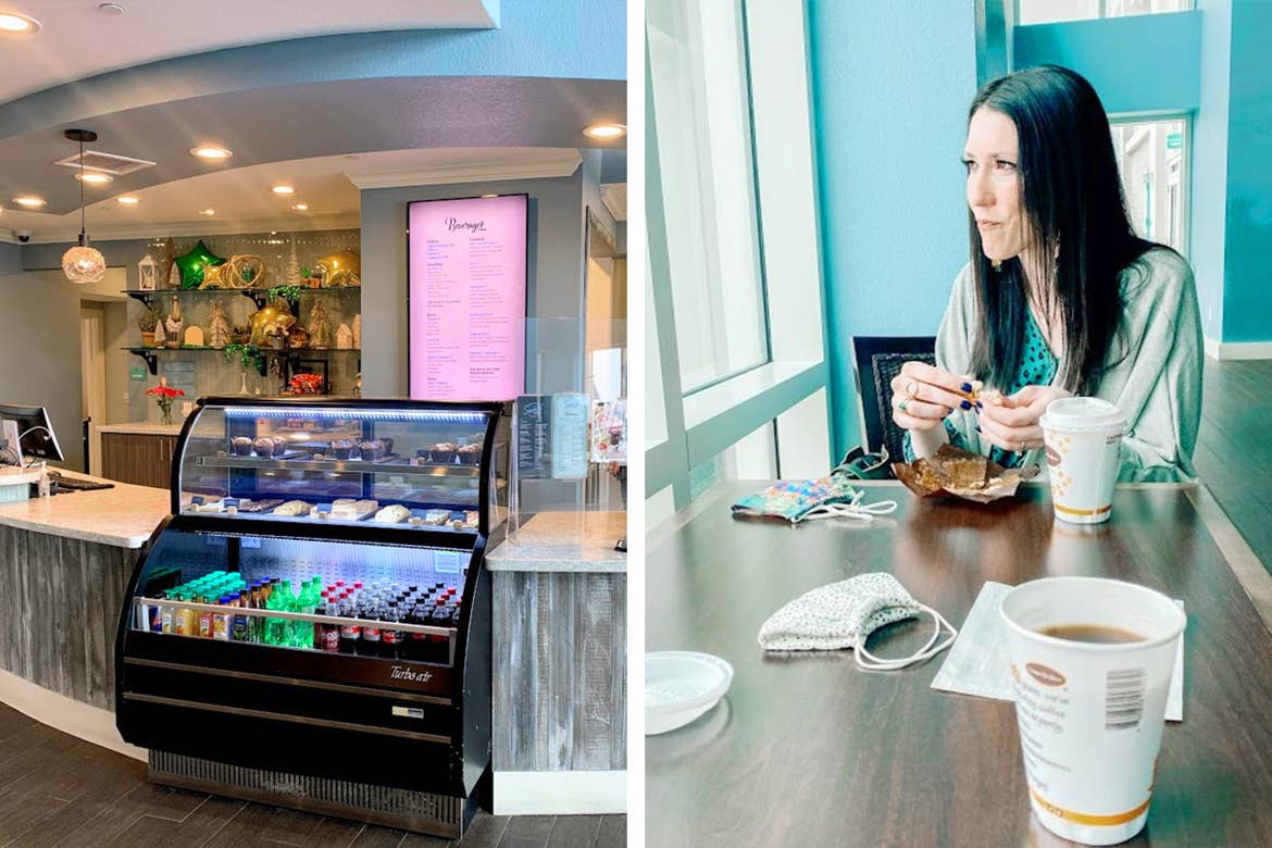 Left: A little bistro countertop with bottled beverages and pastry offerings. Right: Featured Contributor, Amanda Knall's friend enjoys a muffin.