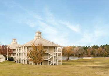 View of property building at Piney Shores Resort in Conroe, Texas.