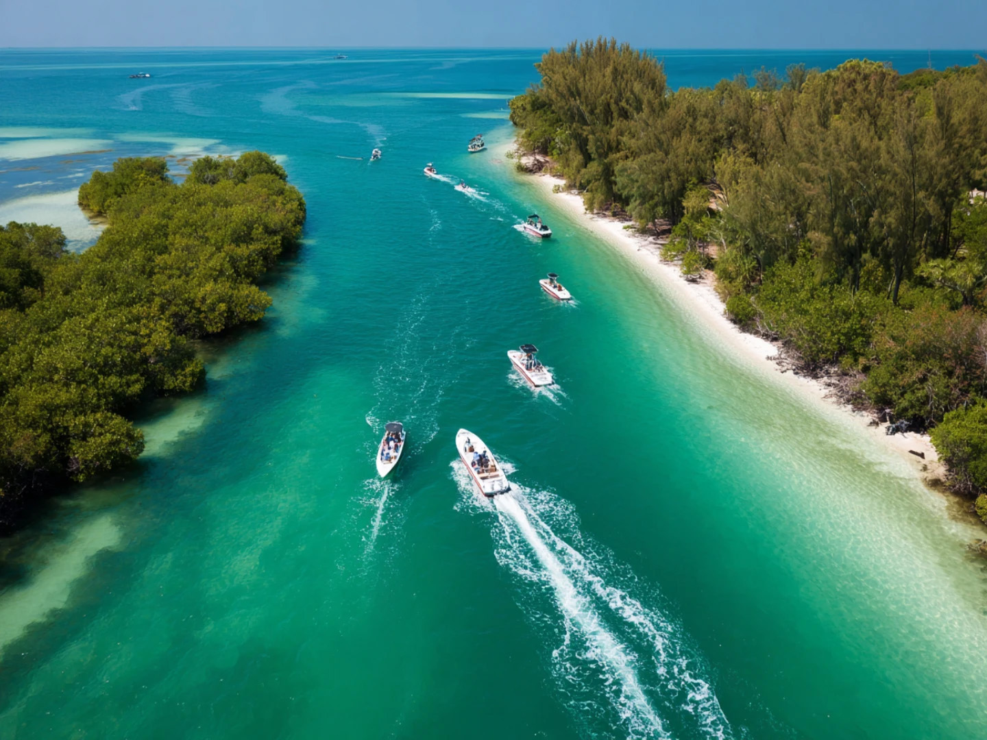 Boaters heading out into the ocean in a busy channel.