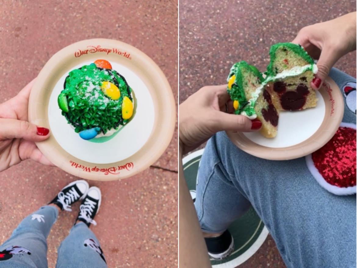 Left: The Twice Upon a Cupcake from Main Street Bakery at Magic Kingdom Park. Right: The inside of the cupcake featuring a 'hidden Mickey' made from chocolate icing at Walt Disney World® Resort.