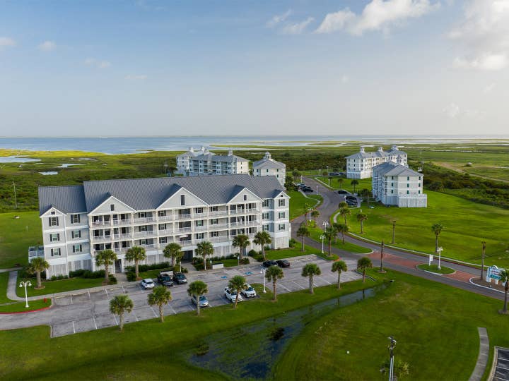 Aerial view of property buildings at Galveston Seaside Resort in Texas.