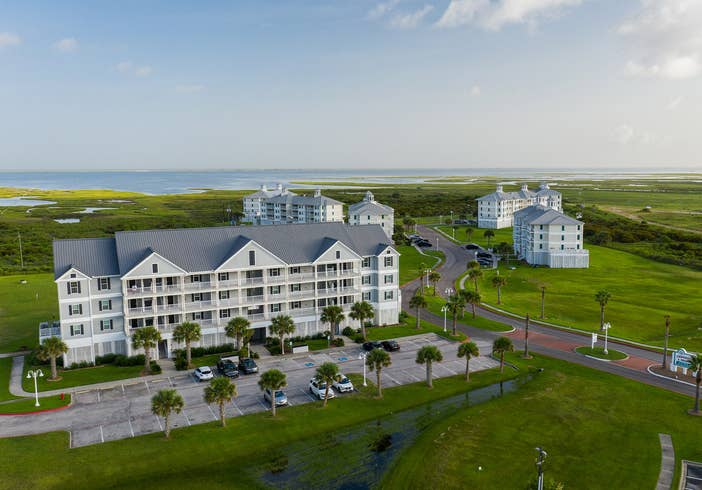 Aerial view of property buildings at Galveston Seaside Resort in Texas.