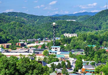 aerial view of the Gatlinburg Space Needle near Smoky Mountain Resort in Gatlinburg, TN