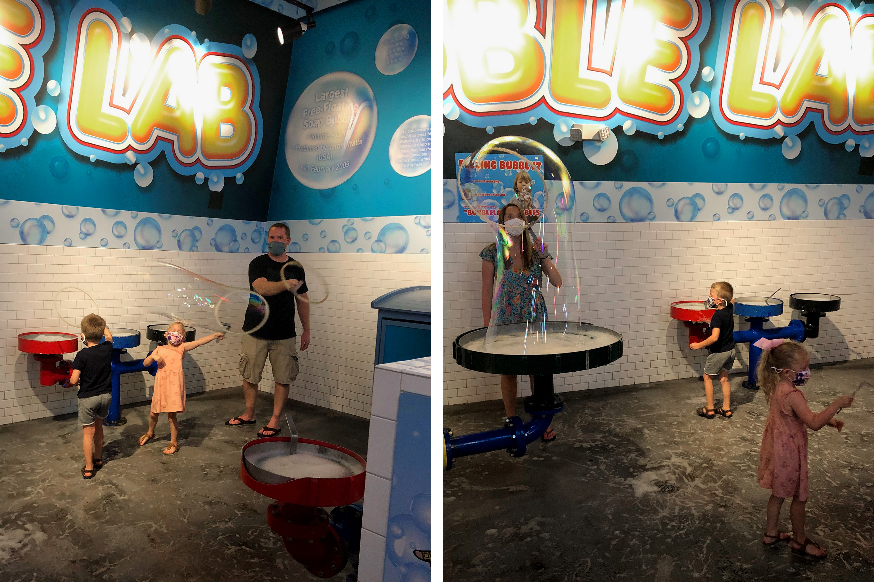 Left: Brianna's husband (right) and children play with the Bubble Lab equipment. Right: Brianna (left) joins in on the fun at the Bubble Lab.