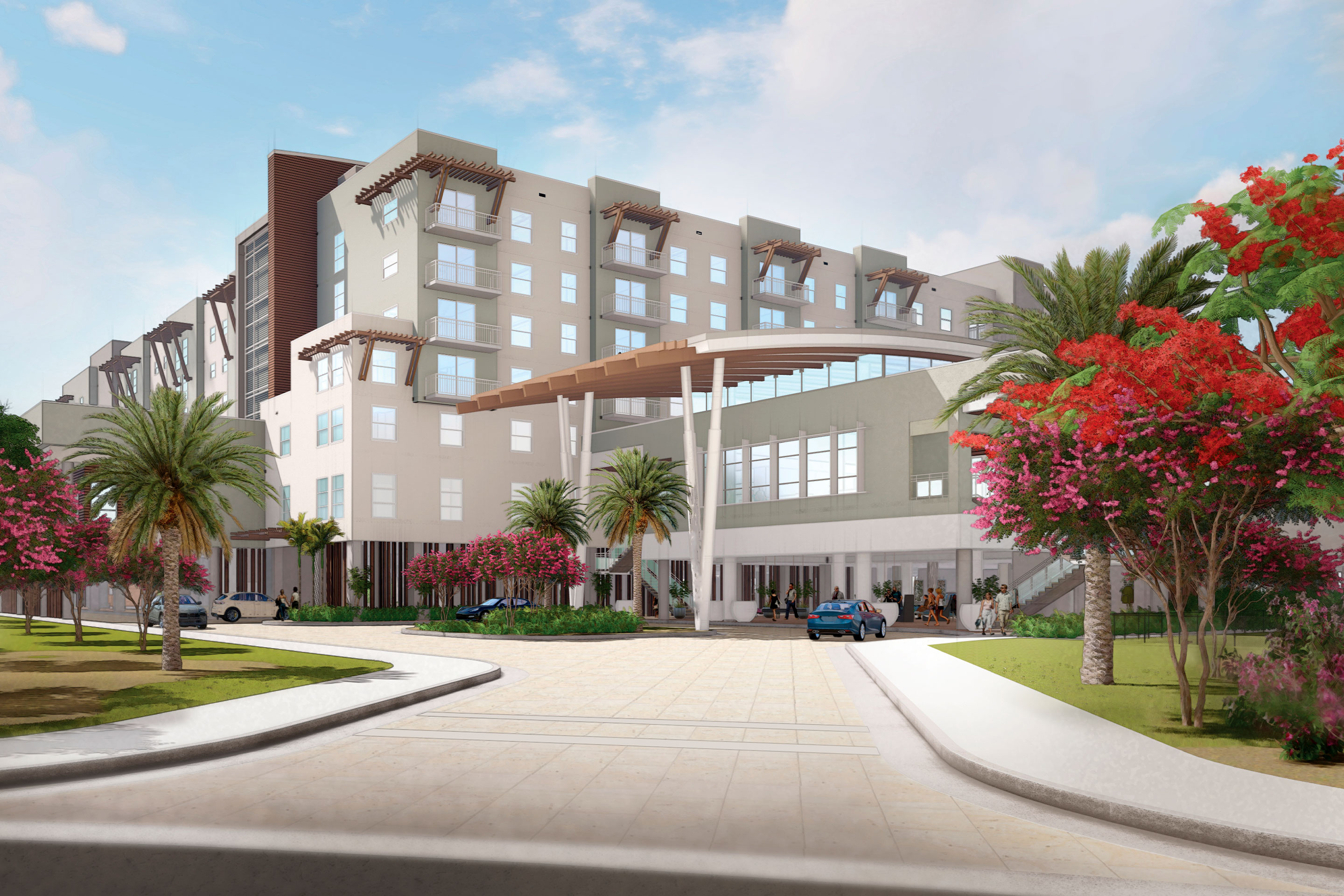A digital rendering of a resort exterior with a carpark, trees with floral foliage, and blue skies.